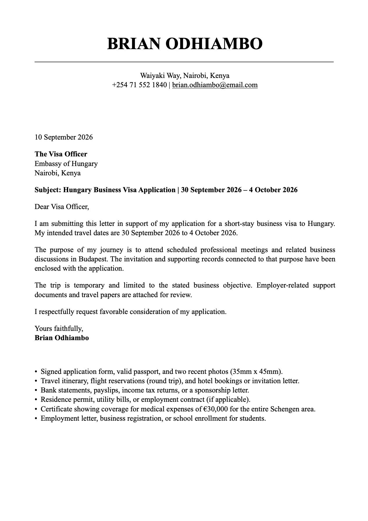 hungary-business-visa-cover-letter-sample