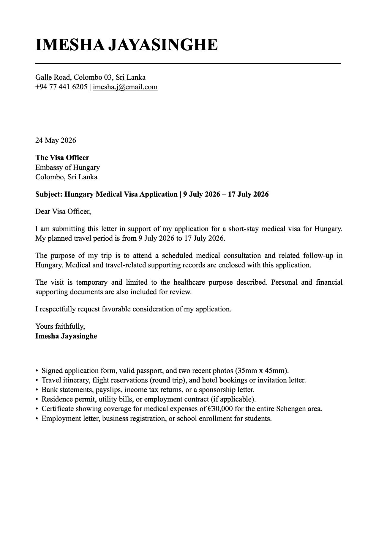 hungary-medical-visa-cover-letter-sample
