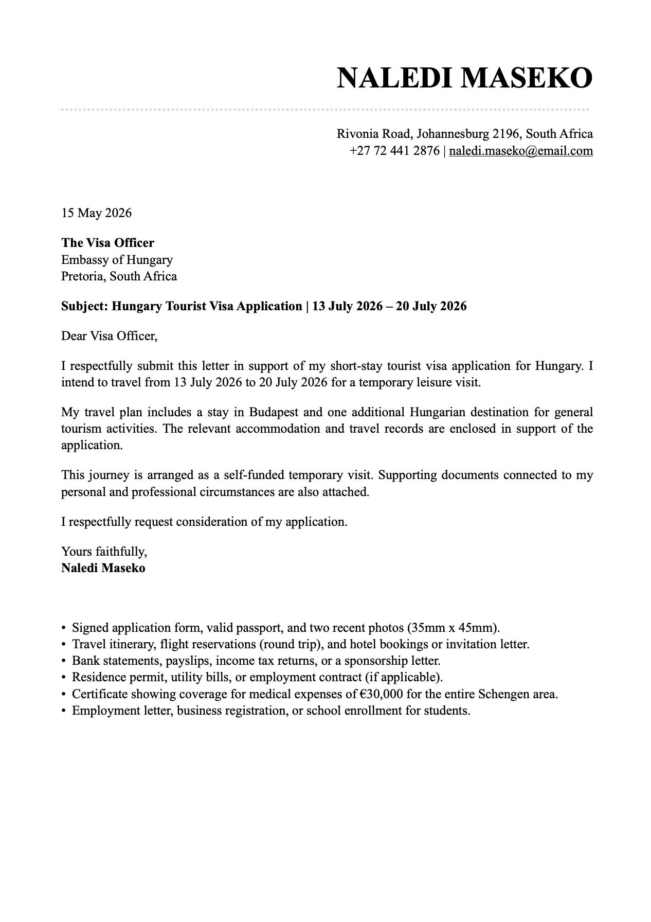 hungary-tourist-visa-cover-letter-sample