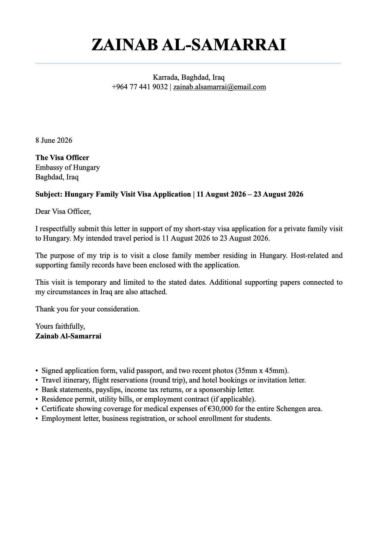 hungary-visit-visa-cover-letter-sample