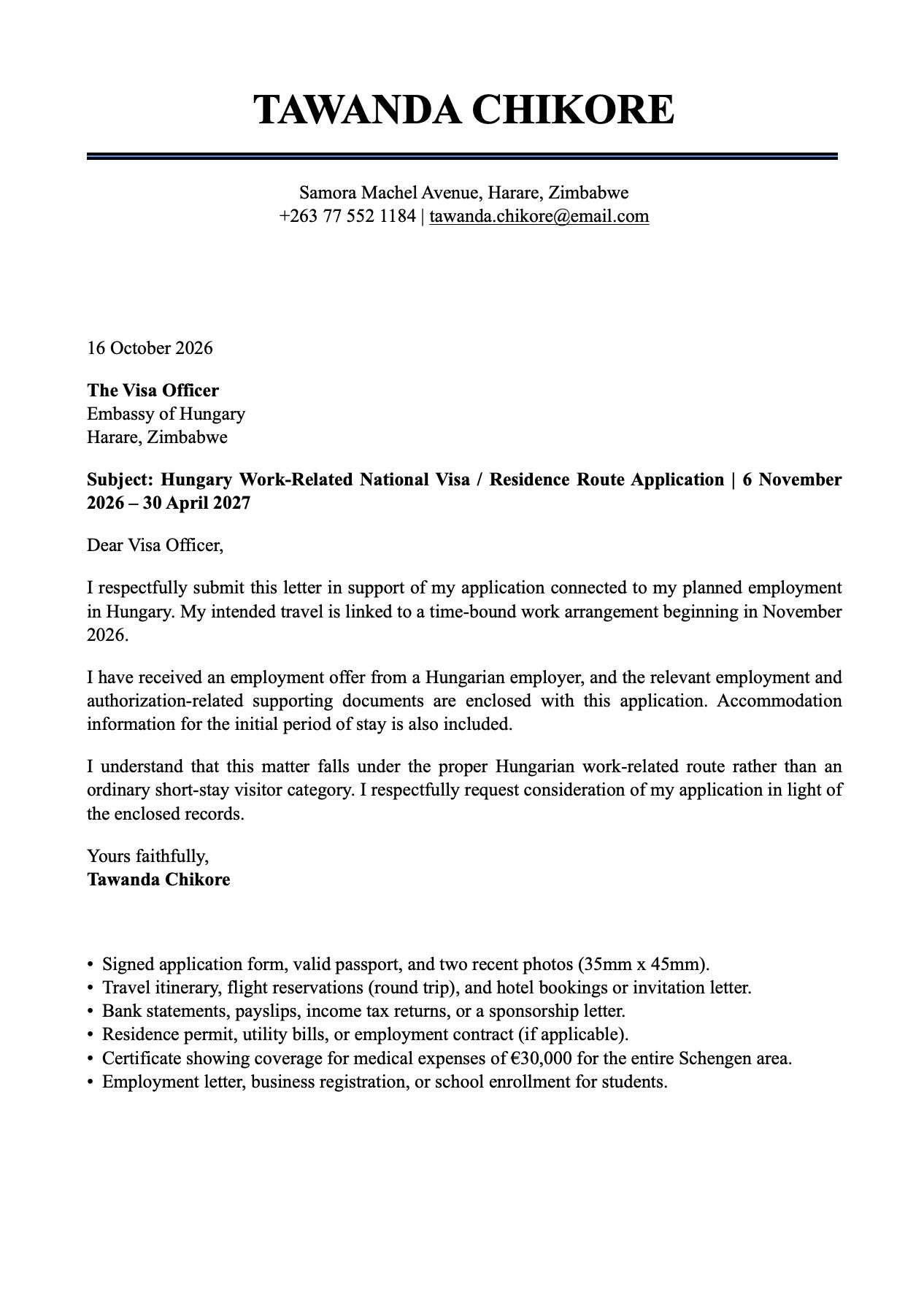 hungary-work-visa-cover-letter-sample